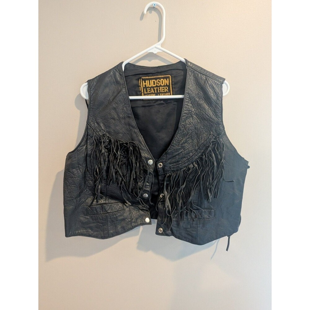 Vintage Hudson Leather Black Biker Vest Lace Up Sides Button